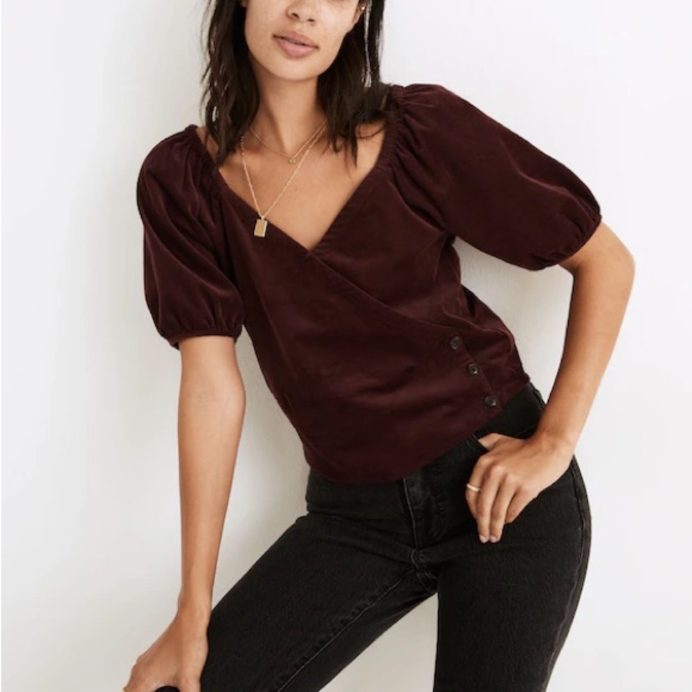 Madewell Burgundy Puff Sleeve Wrap Corduroy Top XXS